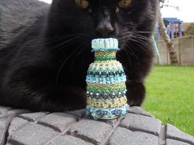 Blue Beaded Bottle using size 15 seed beads, bugles and Swarovski Crystals