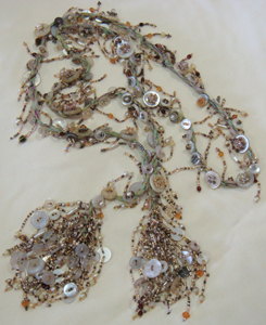 Pearl Button Lariat made from Gran's pearl buttons , old pearls, sequins and size 11 and 15 seed beads